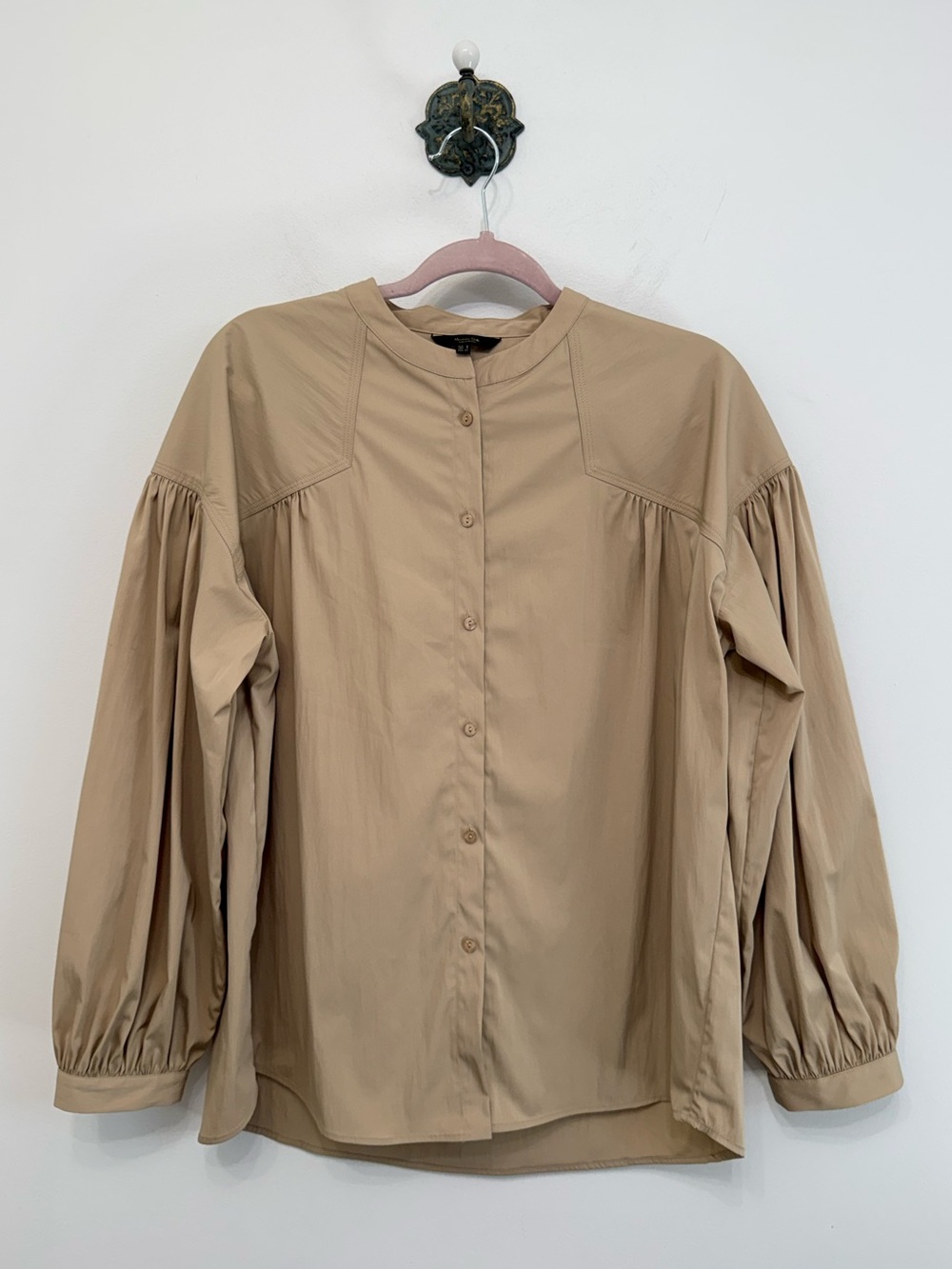 Massimo Dutti Beige Button Down Top Oversized Drop Shoulder Lantern Sleeve Small